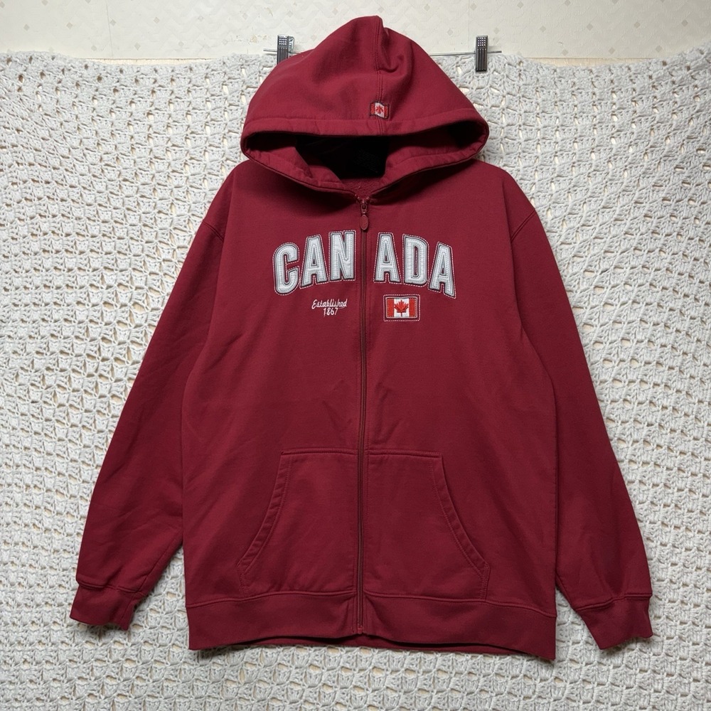 Canadá Vintage Hoodie Mens Sz L Full Zip Pockets Spellout Embroidered Letters